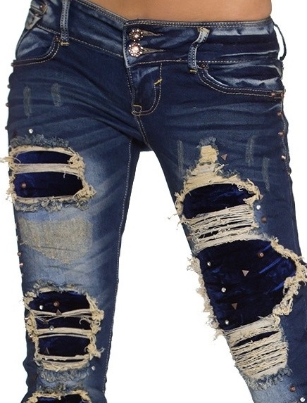 Mørkeblå jeans med velour stof pynt